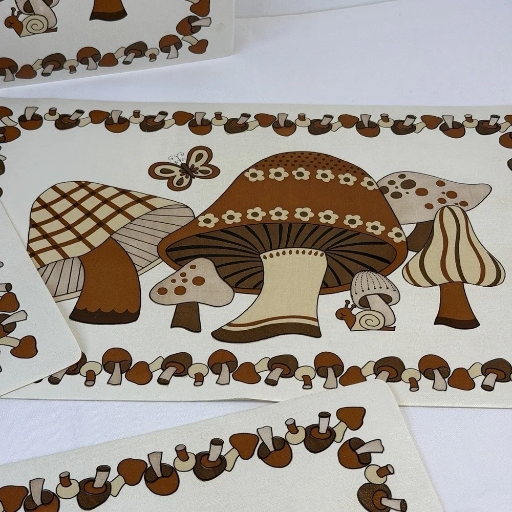 Vintage MOD Brown Mushroom Butterfly Vinyl Foam Placemat 70s Retro Lot of 4 MCM